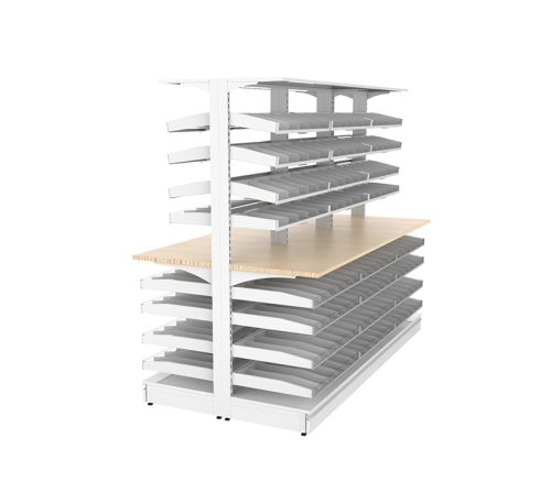 Three-Bank Double-Sided Modular Medical Pharmacy Shelving Unit Three-Bank Double-Sided Modular Medical Pharmacy Shelving Unit