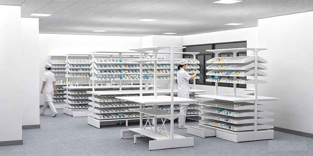 Modular pharmacy storage system with adjustable medicine bins and pull-out drawers