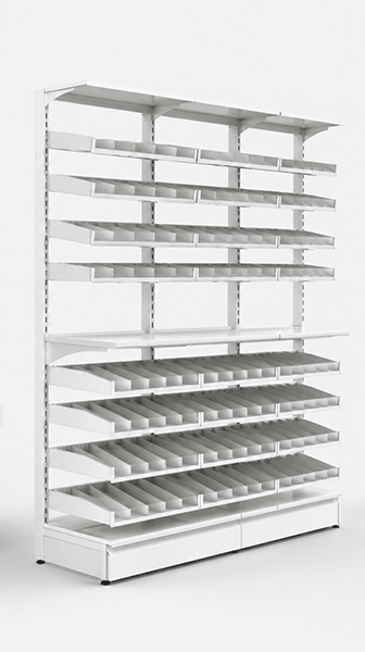 Hospital pharmacy storage rack with worktop and medicine bins