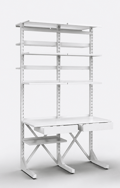 Pharmacy workstation with modular storage shelves